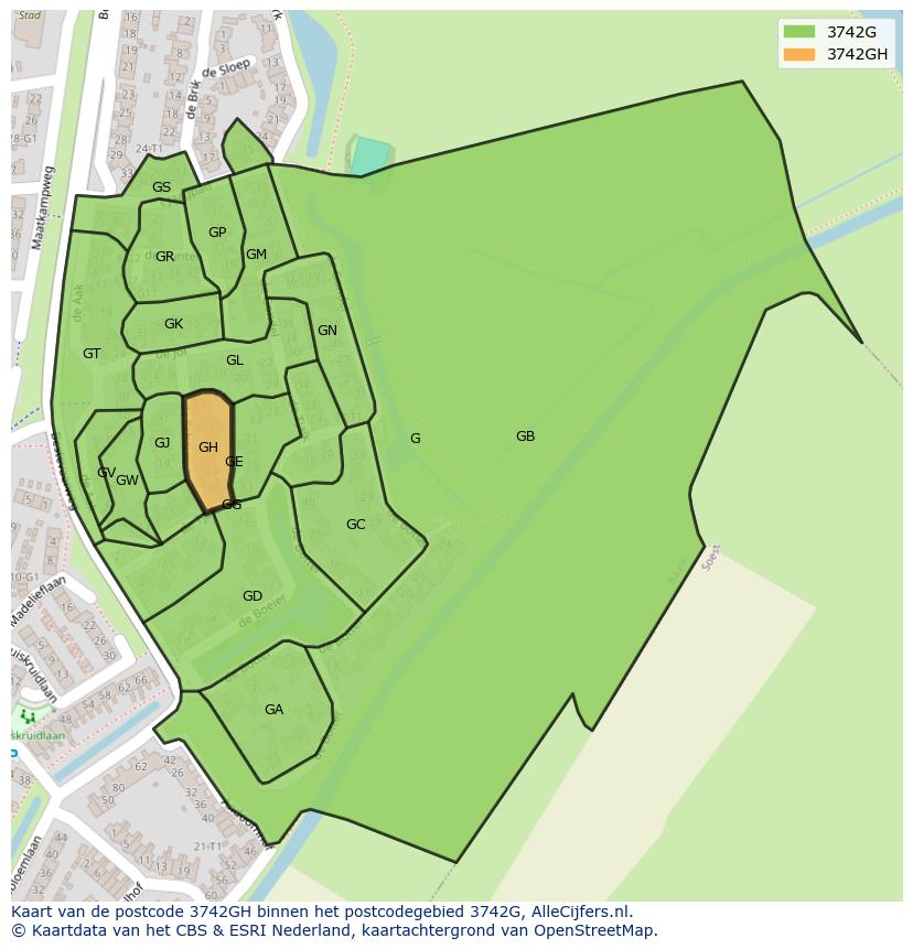 Afbeelding van het postcodegebied 3742 GH op de kaart.