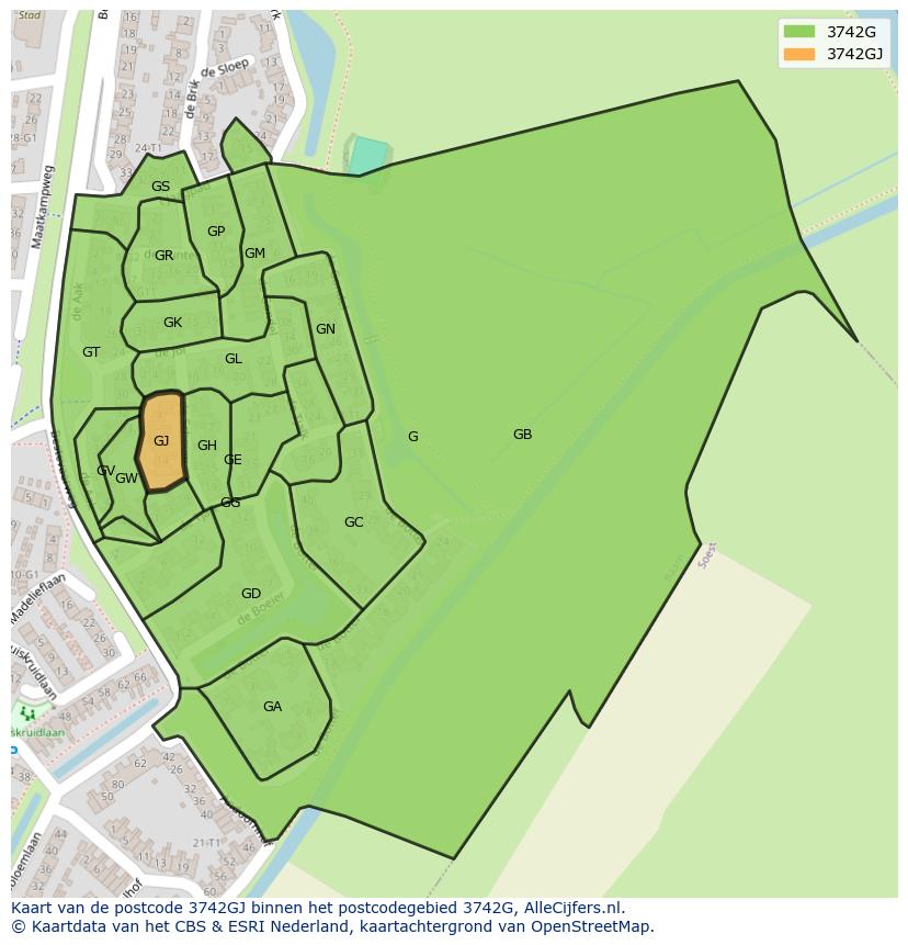 Afbeelding van het postcodegebied 3742 GJ op de kaart.