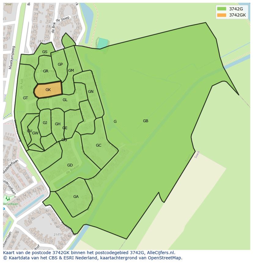 Afbeelding van het postcodegebied 3742 GK op de kaart.