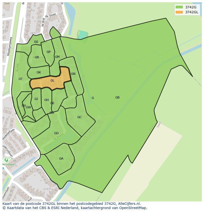 Afbeelding van het postcodegebied 3742 GL op de kaart.