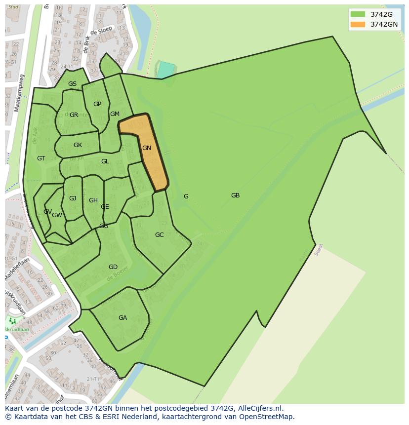 Afbeelding van het postcodegebied 3742 GN op de kaart.