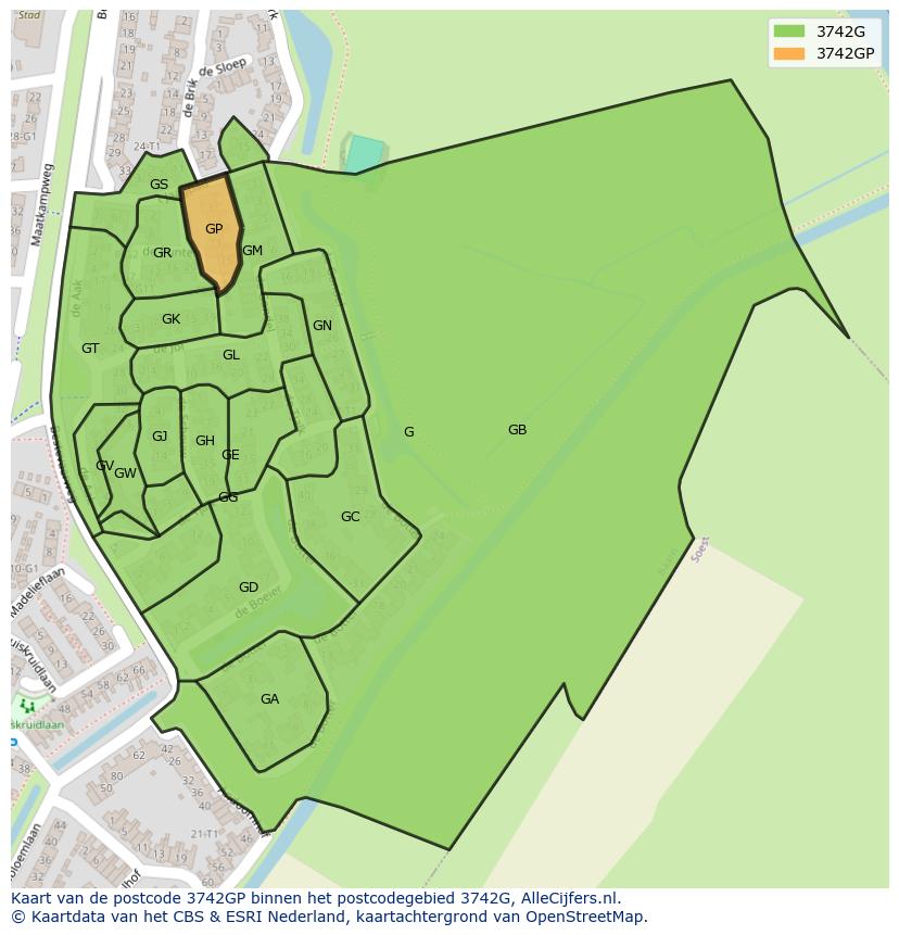 Afbeelding van het postcodegebied 3742 GP op de kaart.