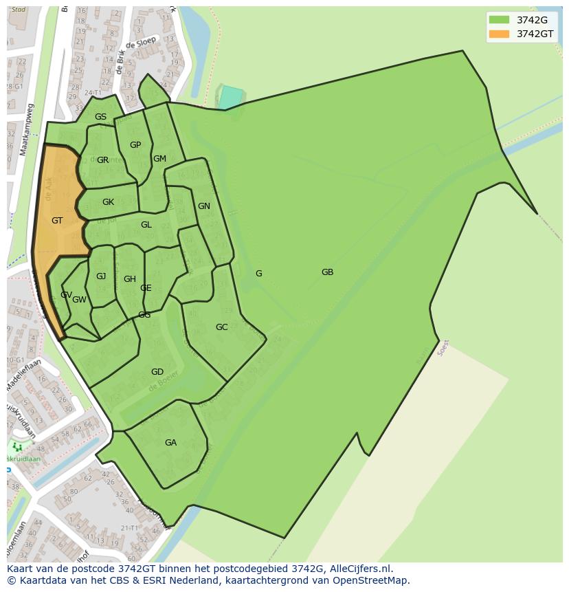 Afbeelding van het postcodegebied 3742 GT op de kaart.