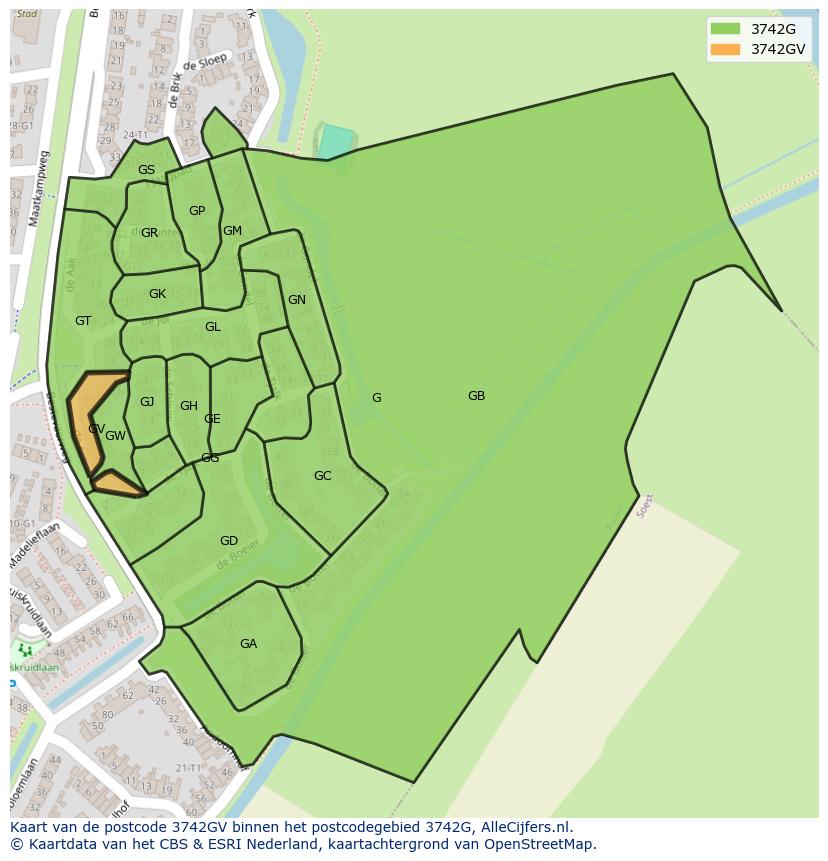 Afbeelding van het postcodegebied 3742 GV op de kaart.