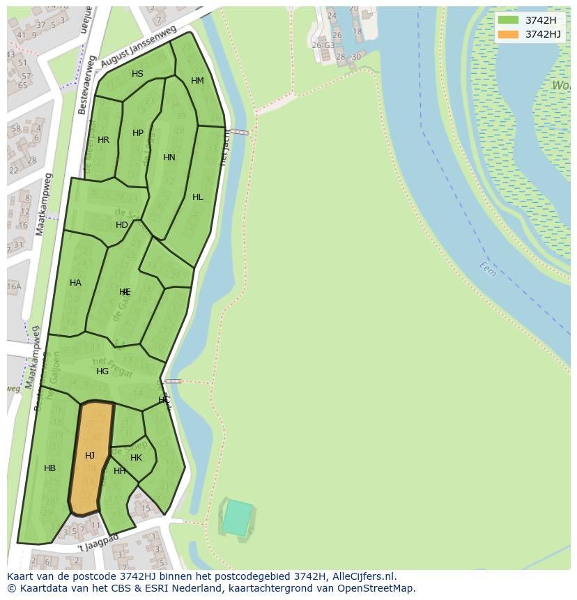 Afbeelding van het postcodegebied 3742 HJ op de kaart.