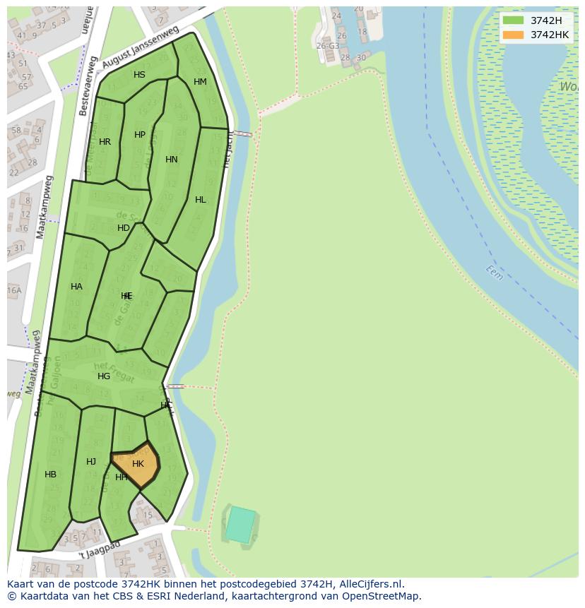 Afbeelding van het postcodegebied 3742 HK op de kaart.