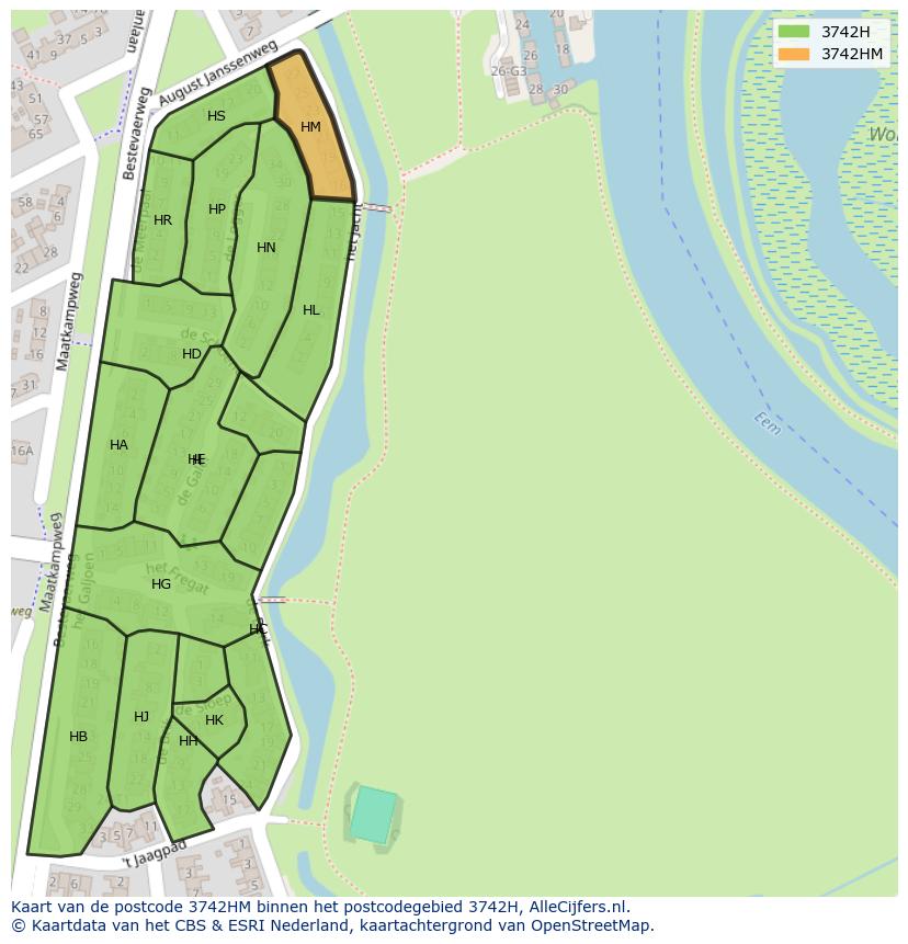 Afbeelding van het postcodegebied 3742 HM op de kaart.