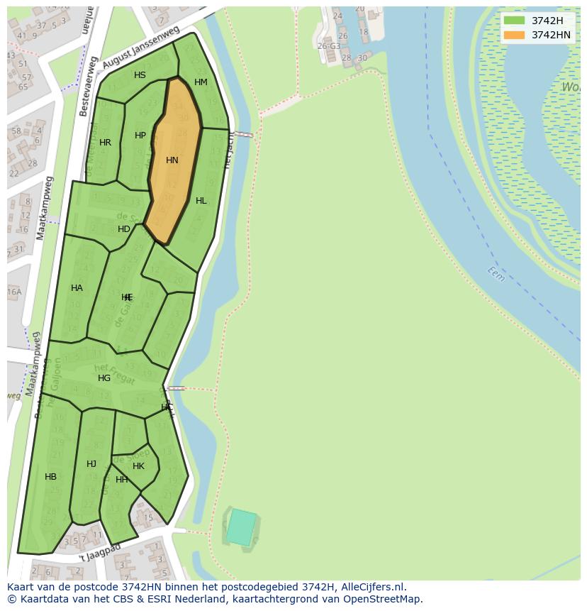Afbeelding van het postcodegebied 3742 HN op de kaart.