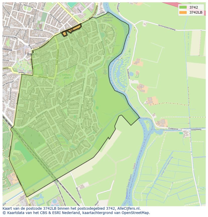 Afbeelding van het postcodegebied 3742 LB op de kaart.