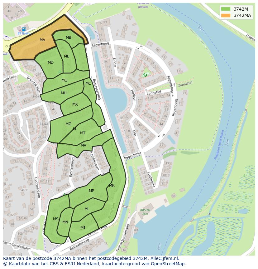 Afbeelding van het postcodegebied 3742 MA op de kaart.