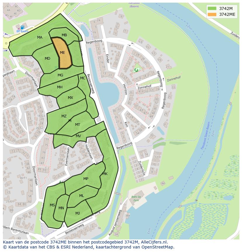 Afbeelding van het postcodegebied 3742 ME op de kaart.