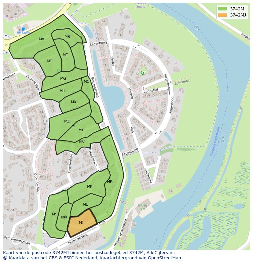 Afbeelding van het postcodegebied 3742 MJ op de kaart.