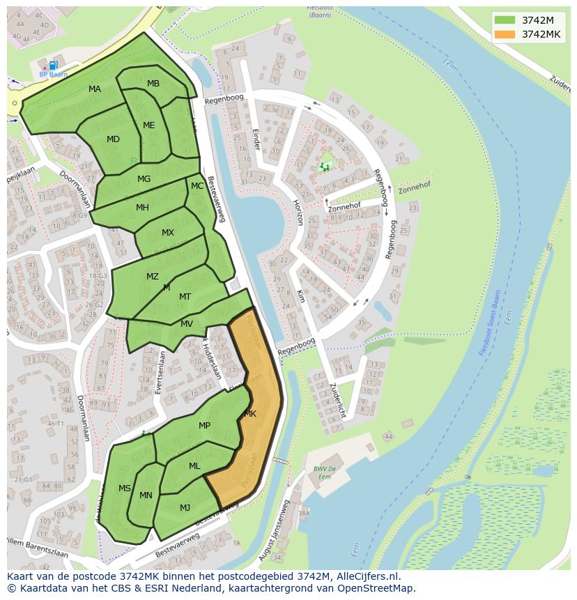 Afbeelding van het postcodegebied 3742 MK op de kaart.