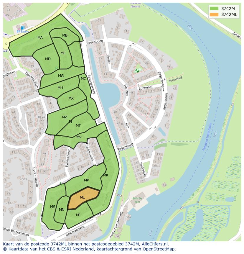 Afbeelding van het postcodegebied 3742 ML op de kaart.