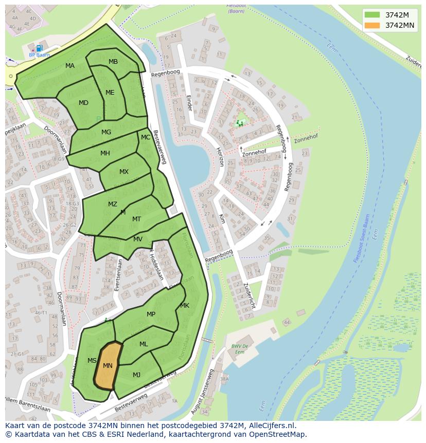 Afbeelding van het postcodegebied 3742 MN op de kaart.