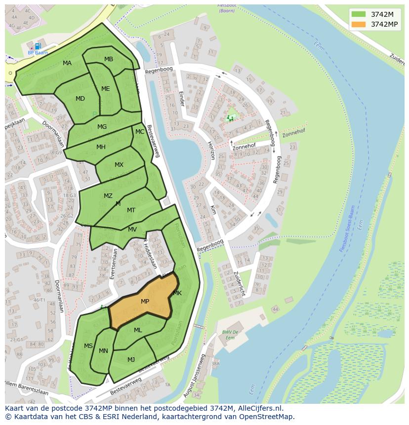 Afbeelding van het postcodegebied 3742 MP op de kaart.
