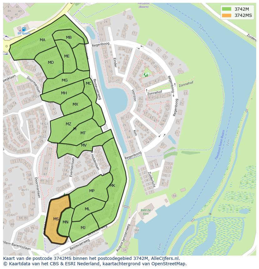 Afbeelding van het postcodegebied 3742 MS op de kaart.