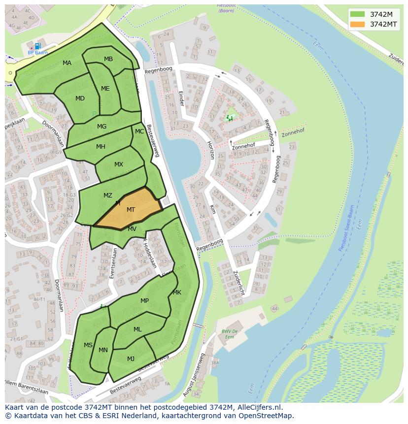 Afbeelding van het postcodegebied 3742 MT op de kaart.