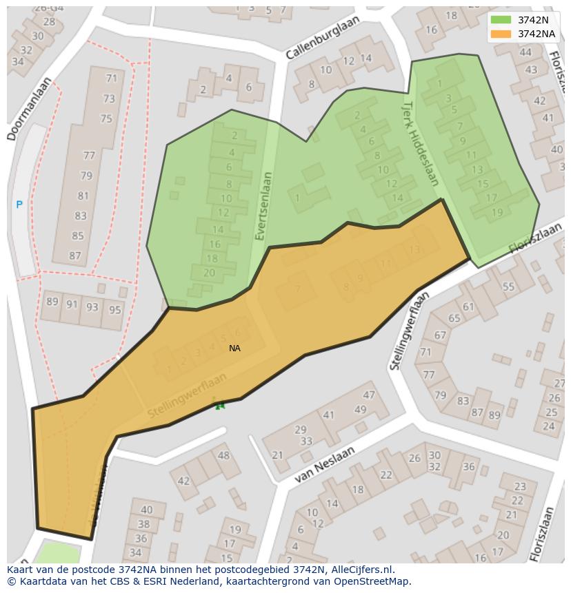 Afbeelding van het postcodegebied 3742 NA op de kaart.