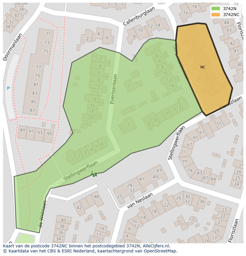 Afbeelding van het postcodegebied 3742 NC op de kaart.