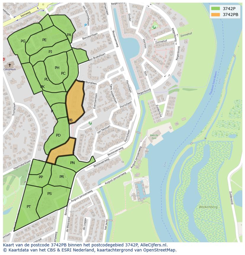 Afbeelding van het postcodegebied 3742 PB op de kaart.
