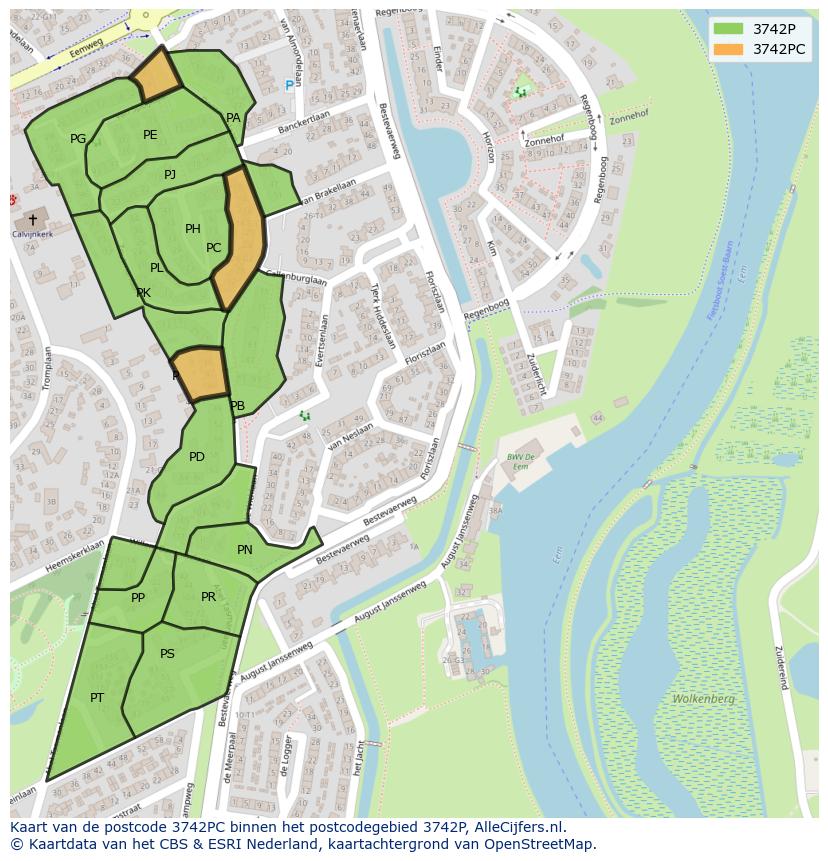 Afbeelding van het postcodegebied 3742 PC op de kaart.