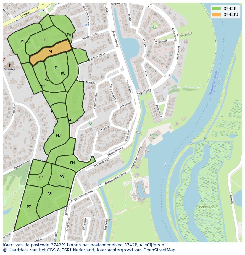 Afbeelding van het postcodegebied 3742 PJ op de kaart.