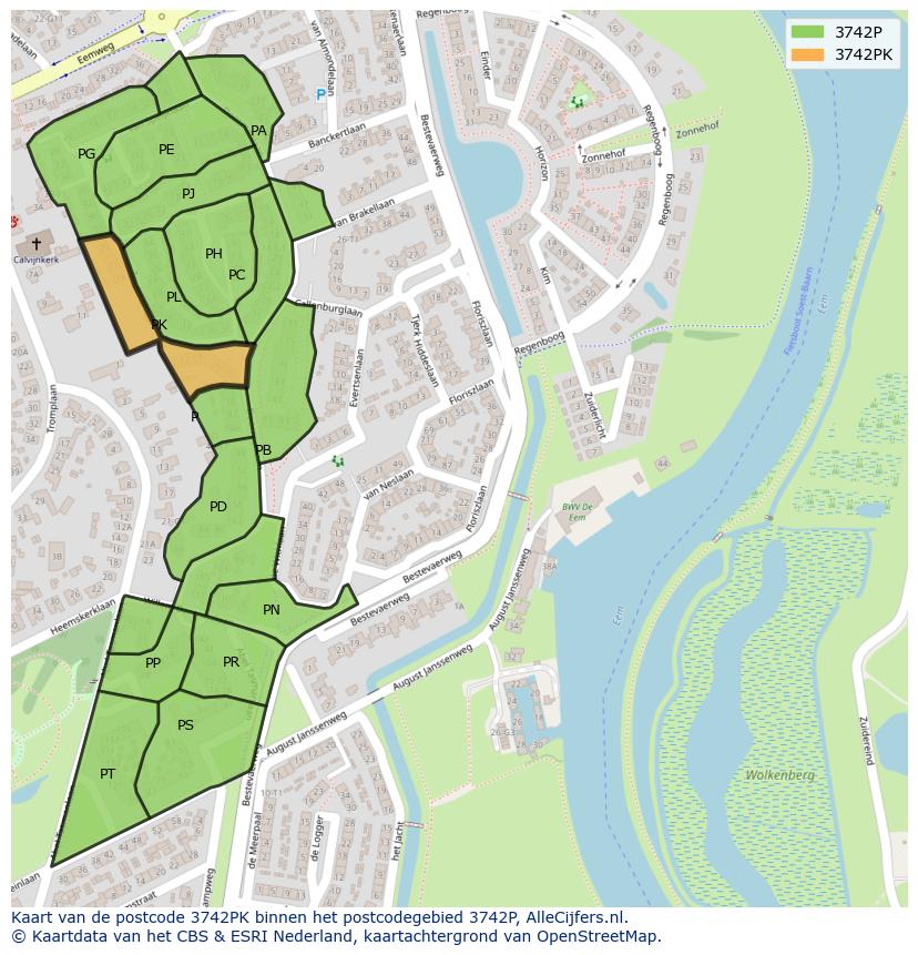 Afbeelding van het postcodegebied 3742 PK op de kaart.