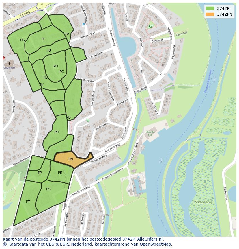 Afbeelding van het postcodegebied 3742 PN op de kaart.