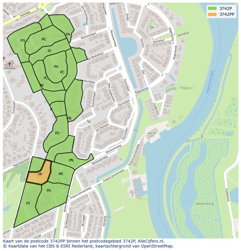Afbeelding van het postcodegebied 3742 PP op de kaart.