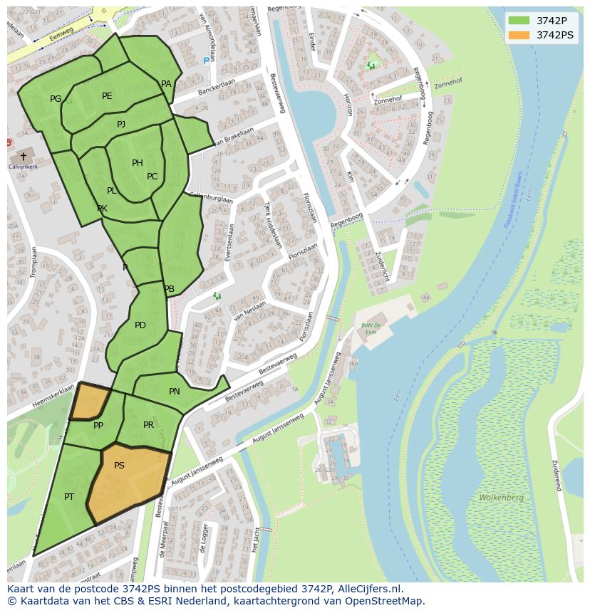 Afbeelding van het postcodegebied 3742 PS op de kaart.