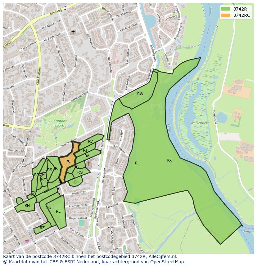 Afbeelding van het postcodegebied 3742 RC op de kaart.