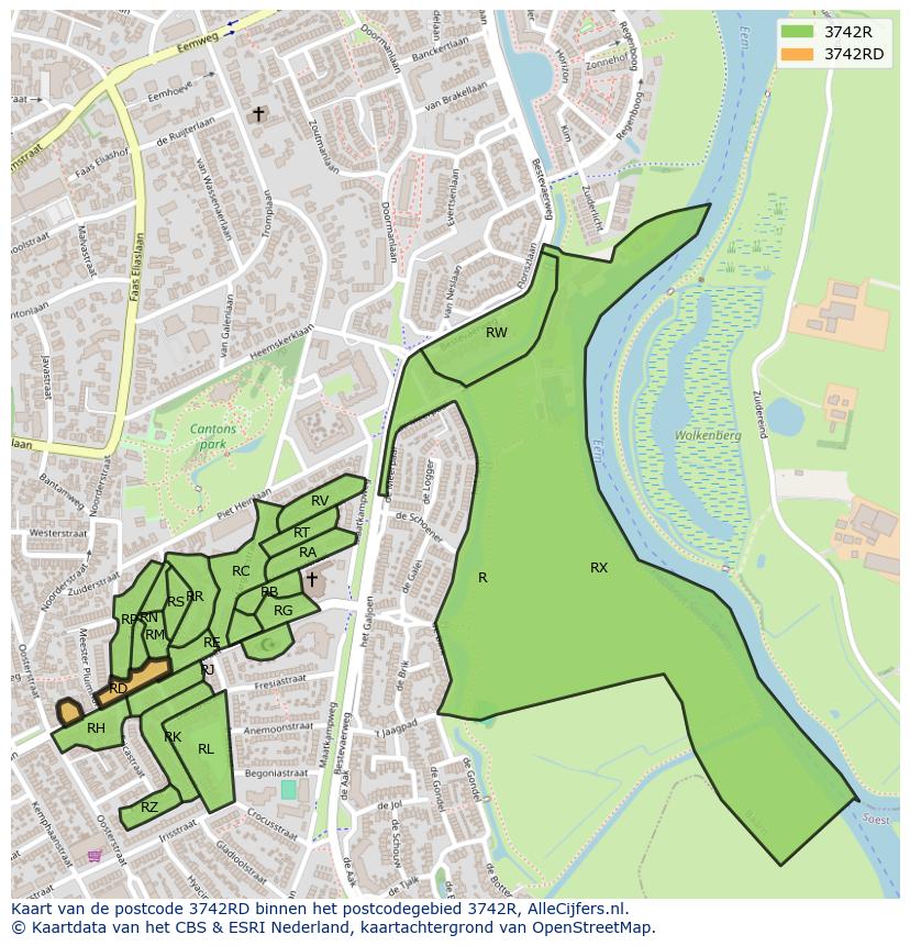 Afbeelding van het postcodegebied 3742 RD op de kaart.