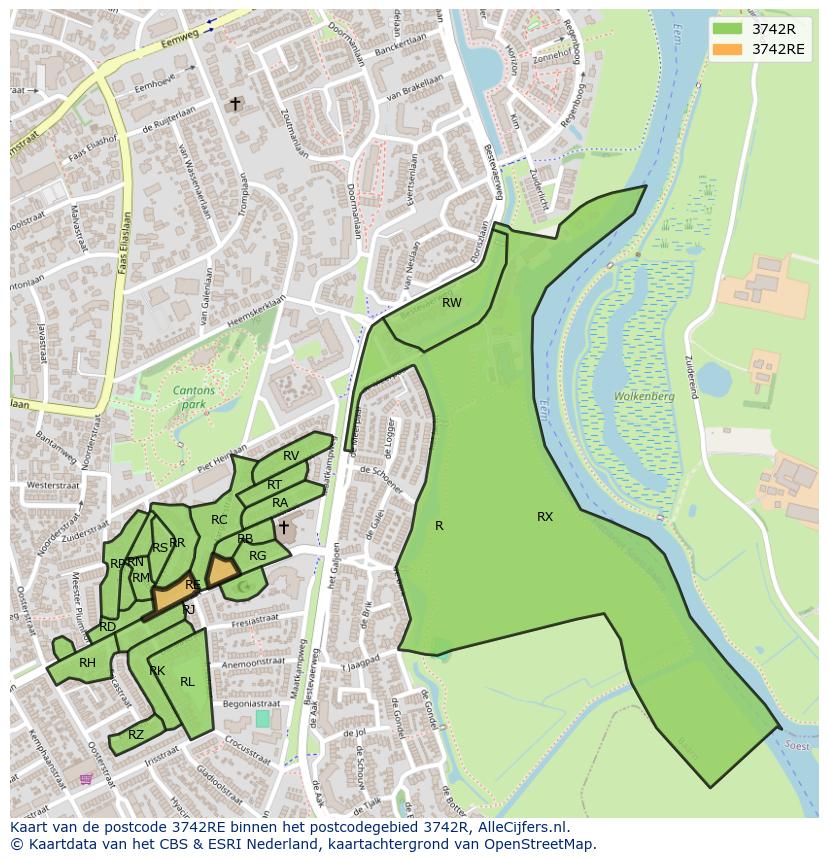 Afbeelding van het postcodegebied 3742 RE op de kaart.