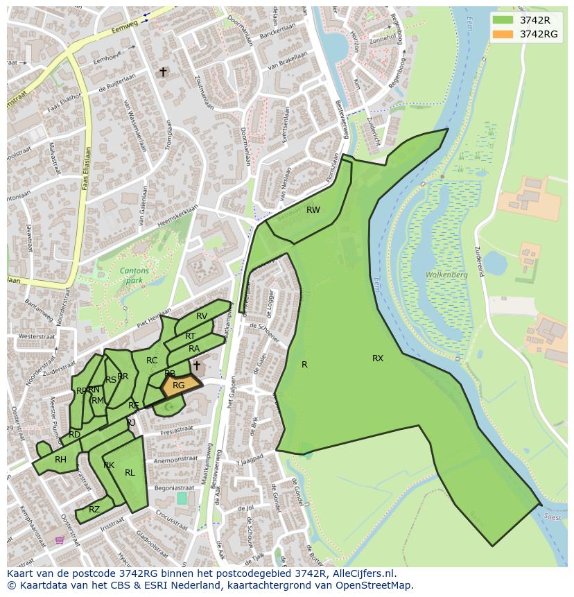 Afbeelding van het postcodegebied 3742 RG op de kaart.
