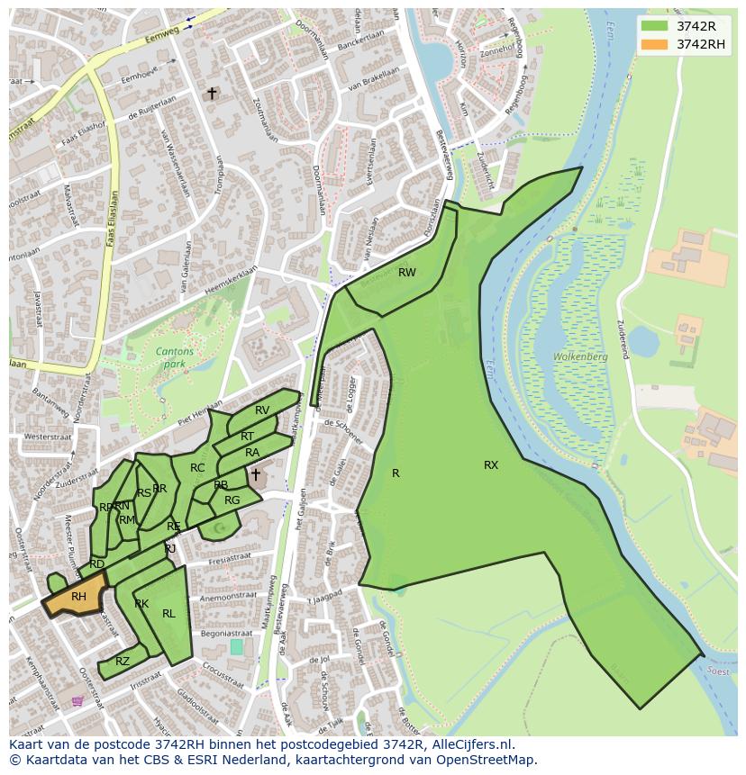 Afbeelding van het postcodegebied 3742 RH op de kaart.