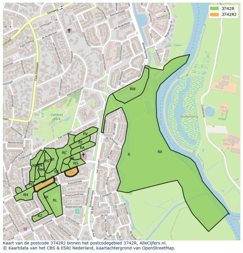 Afbeelding van het postcodegebied 3742 RJ op de kaart.