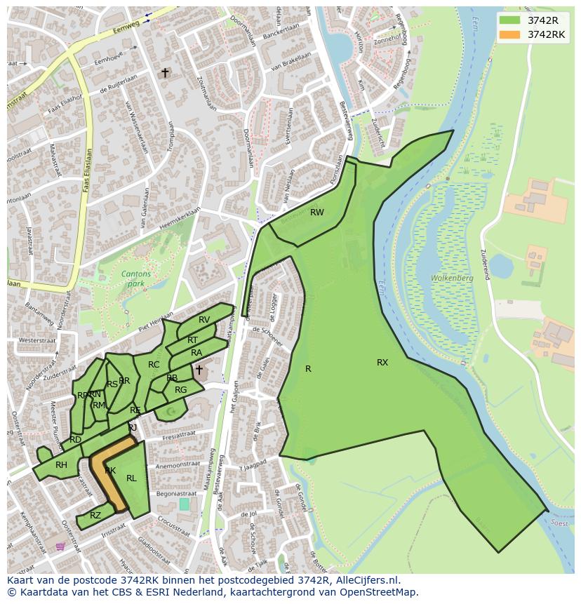 Afbeelding van het postcodegebied 3742 RK op de kaart.