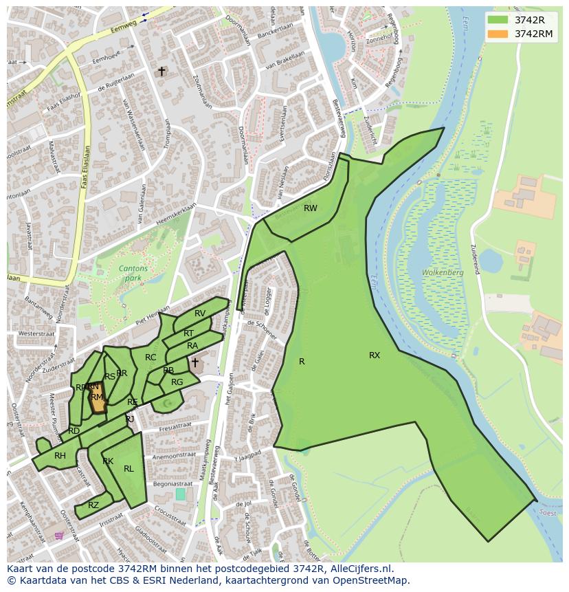 Afbeelding van het postcodegebied 3742 RM op de kaart.