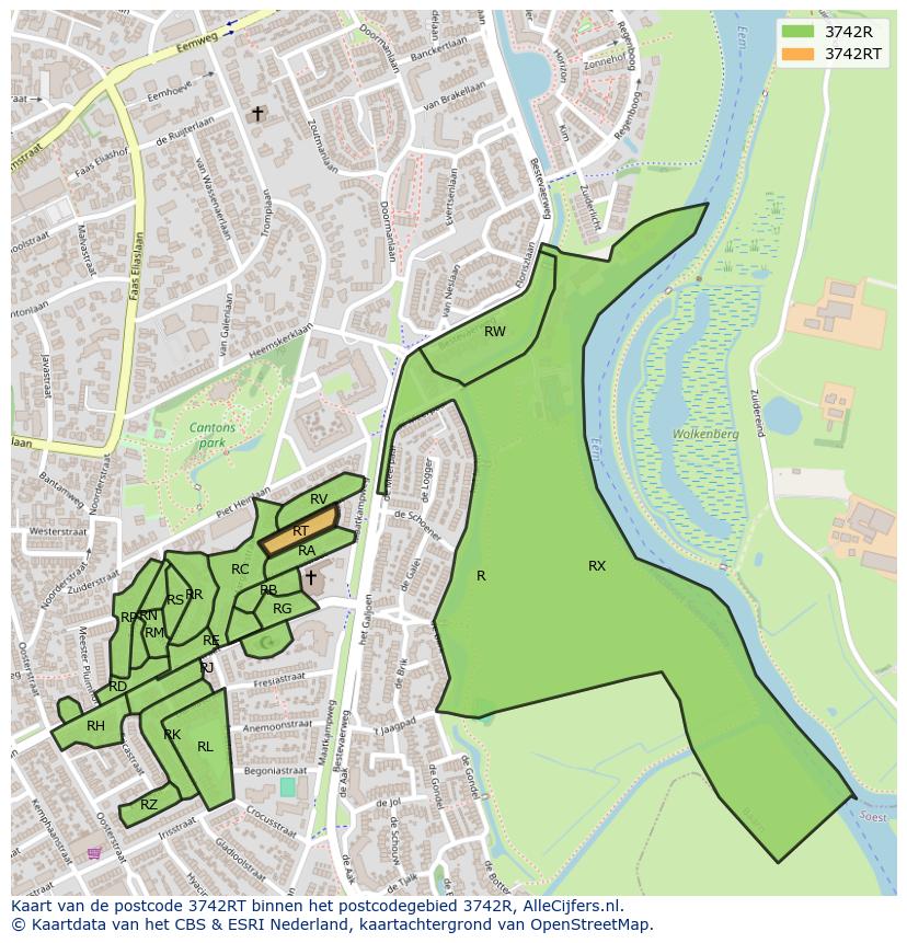 Afbeelding van het postcodegebied 3742 RT op de kaart.