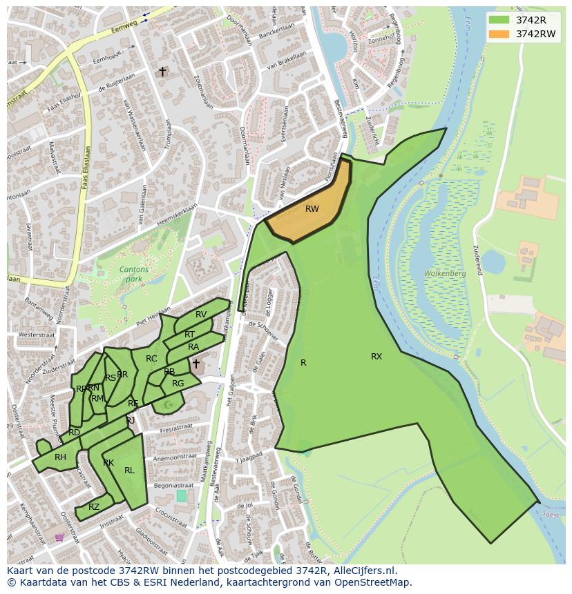 Afbeelding van het postcodegebied 3742 RW op de kaart.