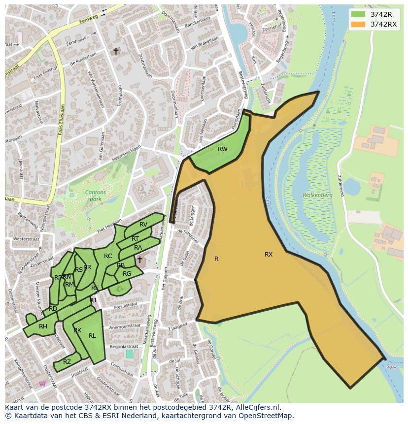 Afbeelding van het postcodegebied 3742 RX op de kaart.