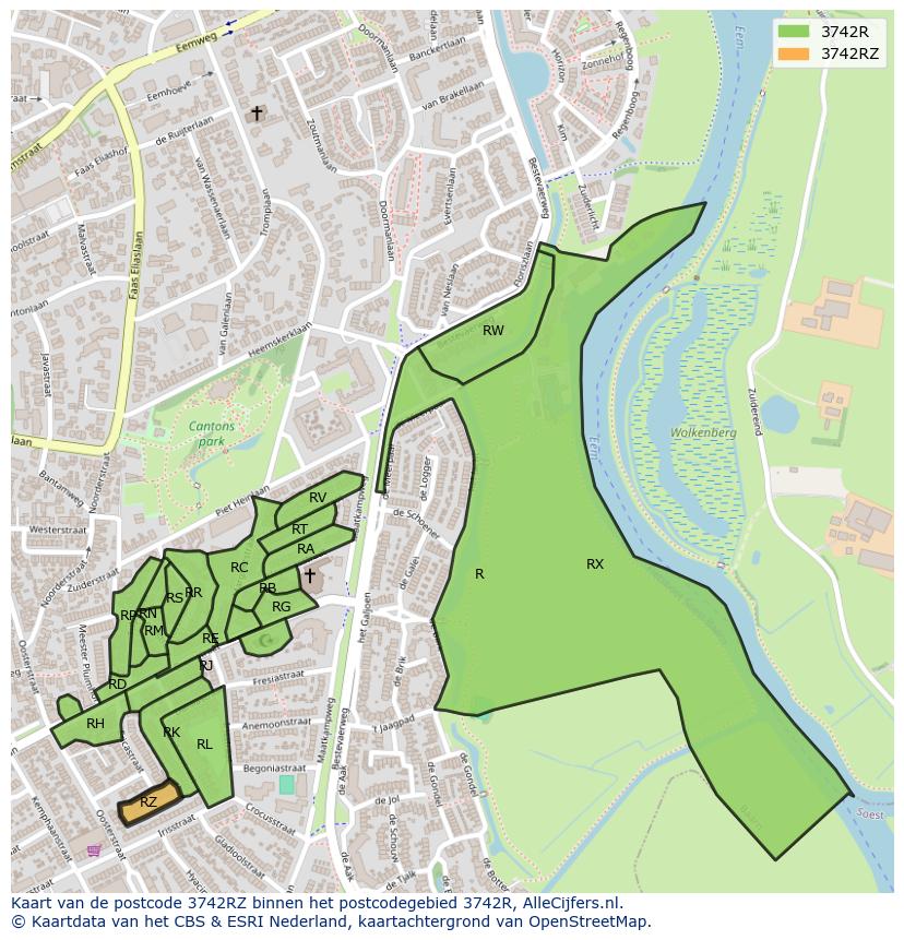 Afbeelding van het postcodegebied 3742 RZ op de kaart.