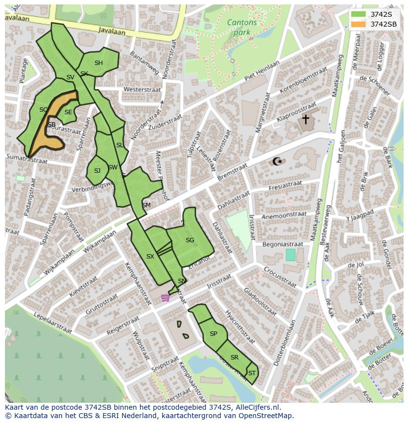 Afbeelding van het postcodegebied 3742 SB op de kaart.