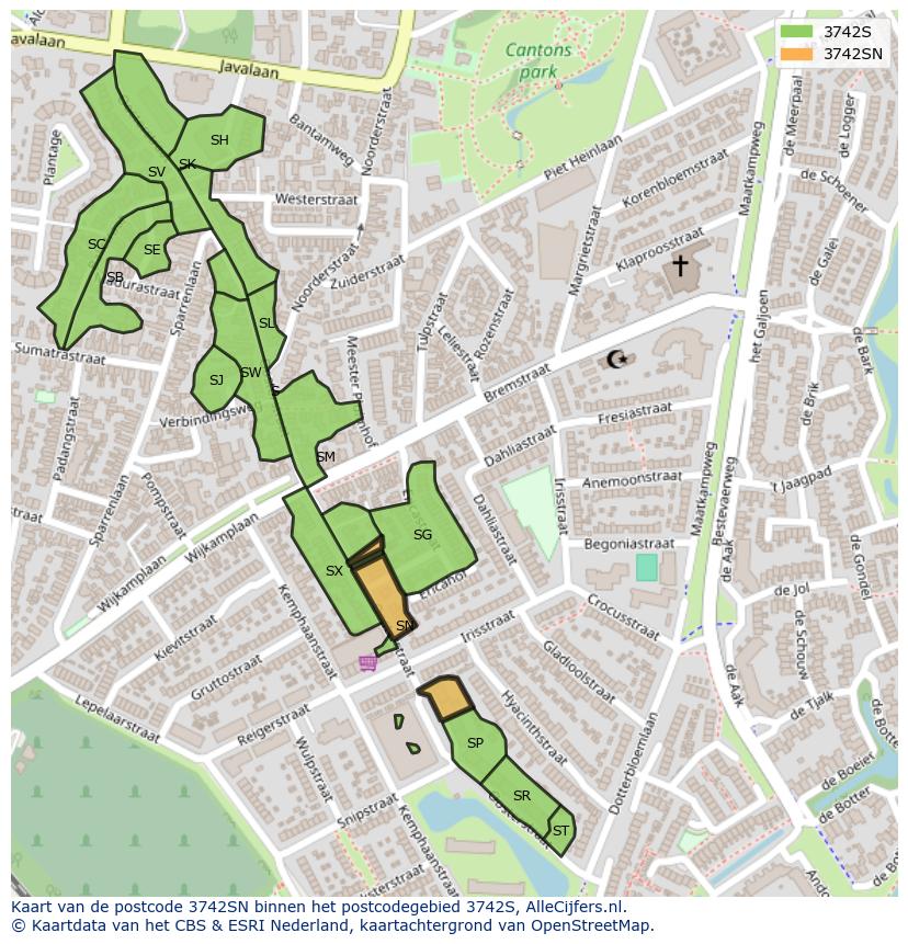 Afbeelding van het postcodegebied 3742 SN op de kaart.