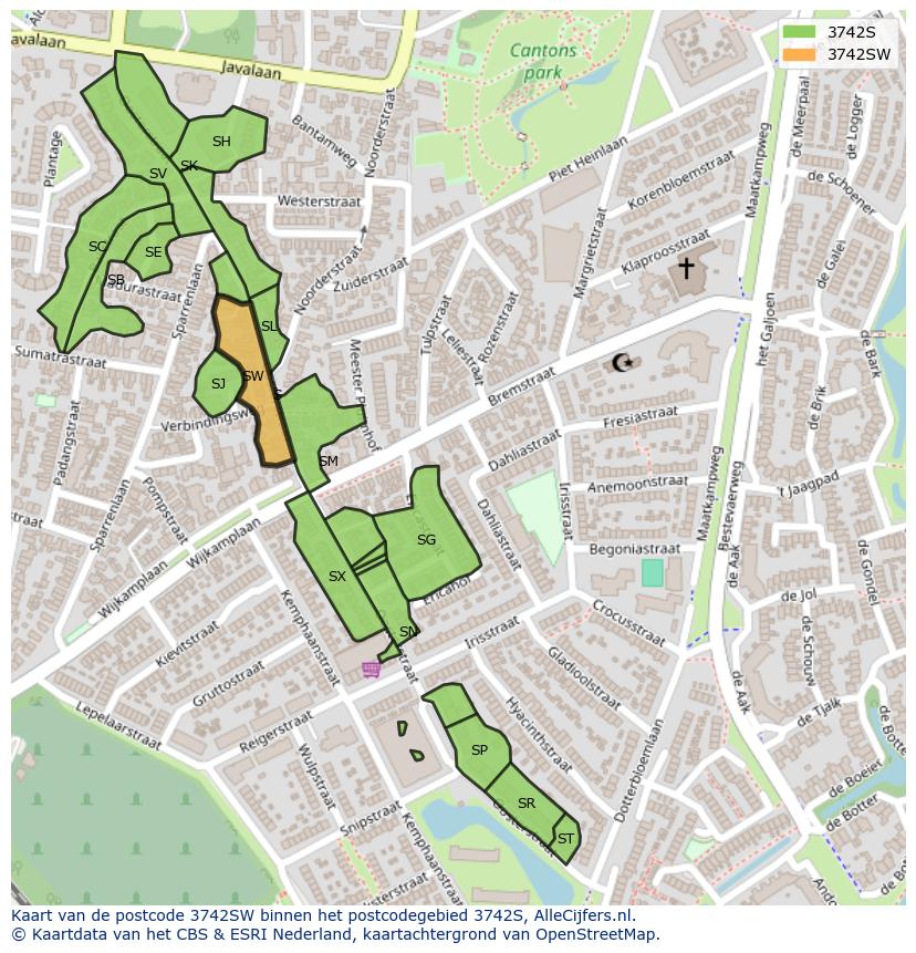 Afbeelding van het postcodegebied 3742 SW op de kaart.
