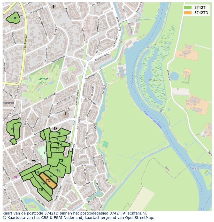 Afbeelding van het postcodegebied 3742 TD op de kaart.