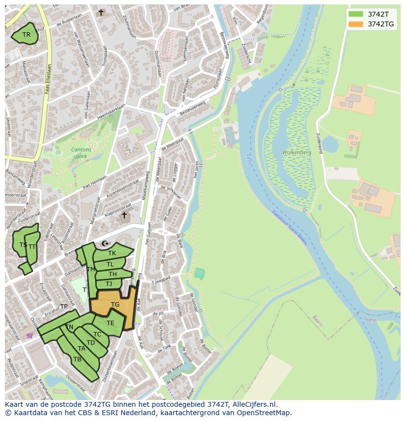 Afbeelding van het postcodegebied 3742 TG op de kaart.