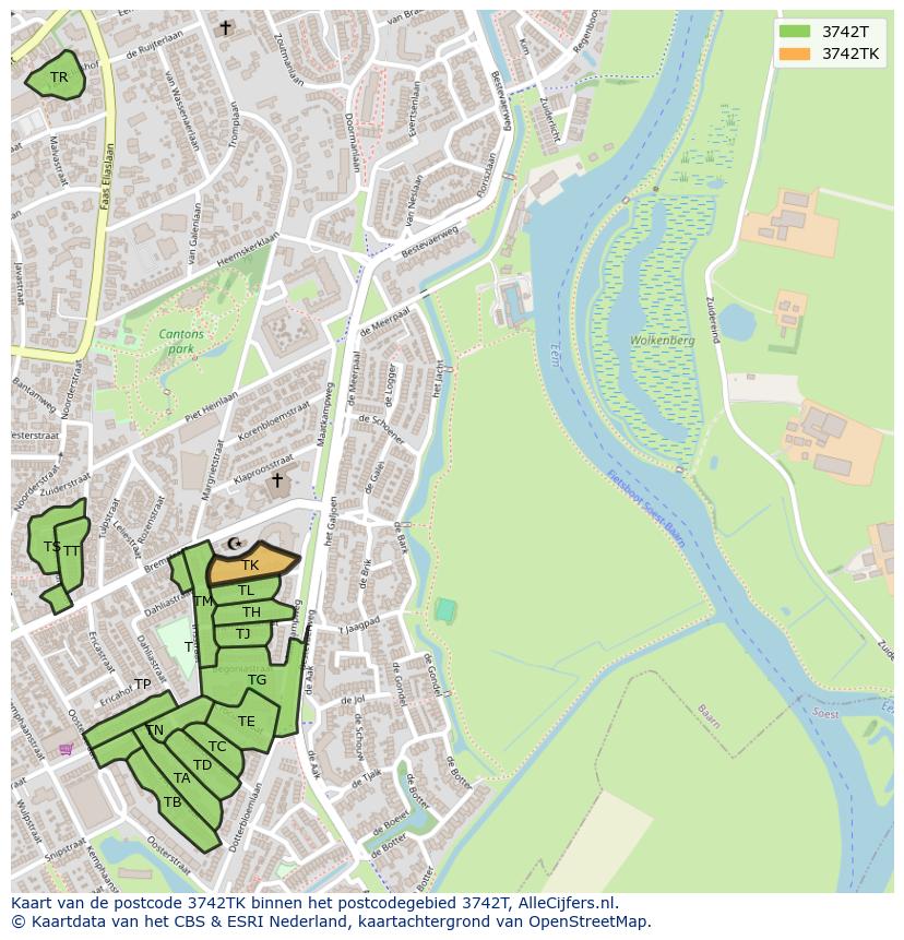 Afbeelding van het postcodegebied 3742 TK op de kaart.