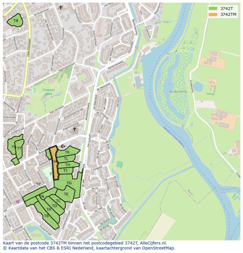 Afbeelding van het postcodegebied 3742 TM op de kaart.